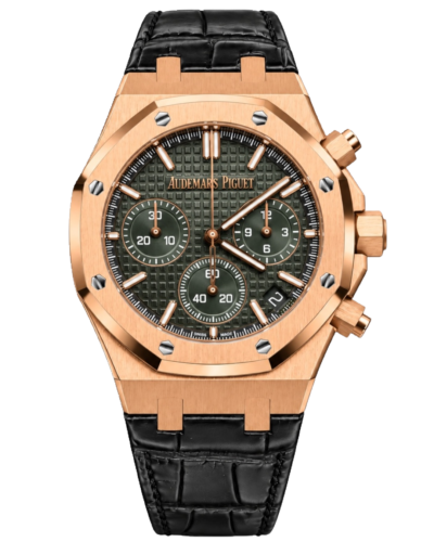 Премиальная реплика Audemars Piguet Royal Oak Chronograph 26240OR.OO.D404CR.02, зелёный циферблат на чёрном кожаном ремешке
